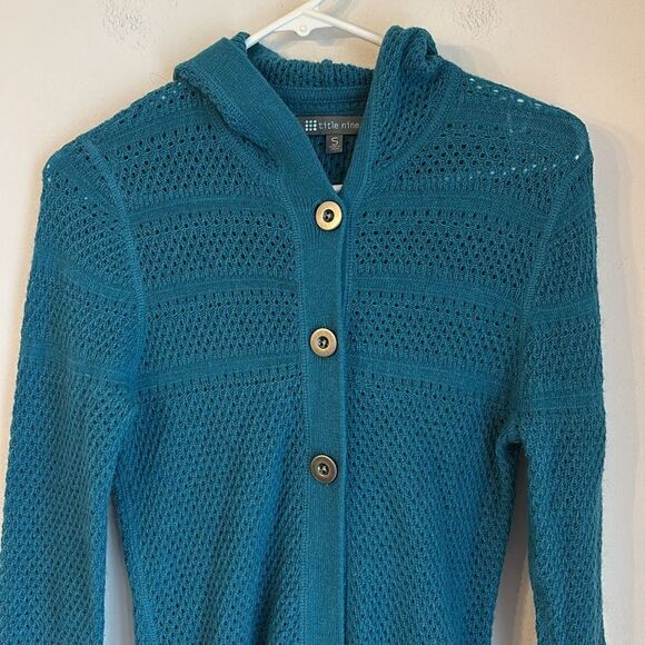 Title Nine Women’s long knit merino alpaca blend teal hooded sweater size small - Picture 2 of 9